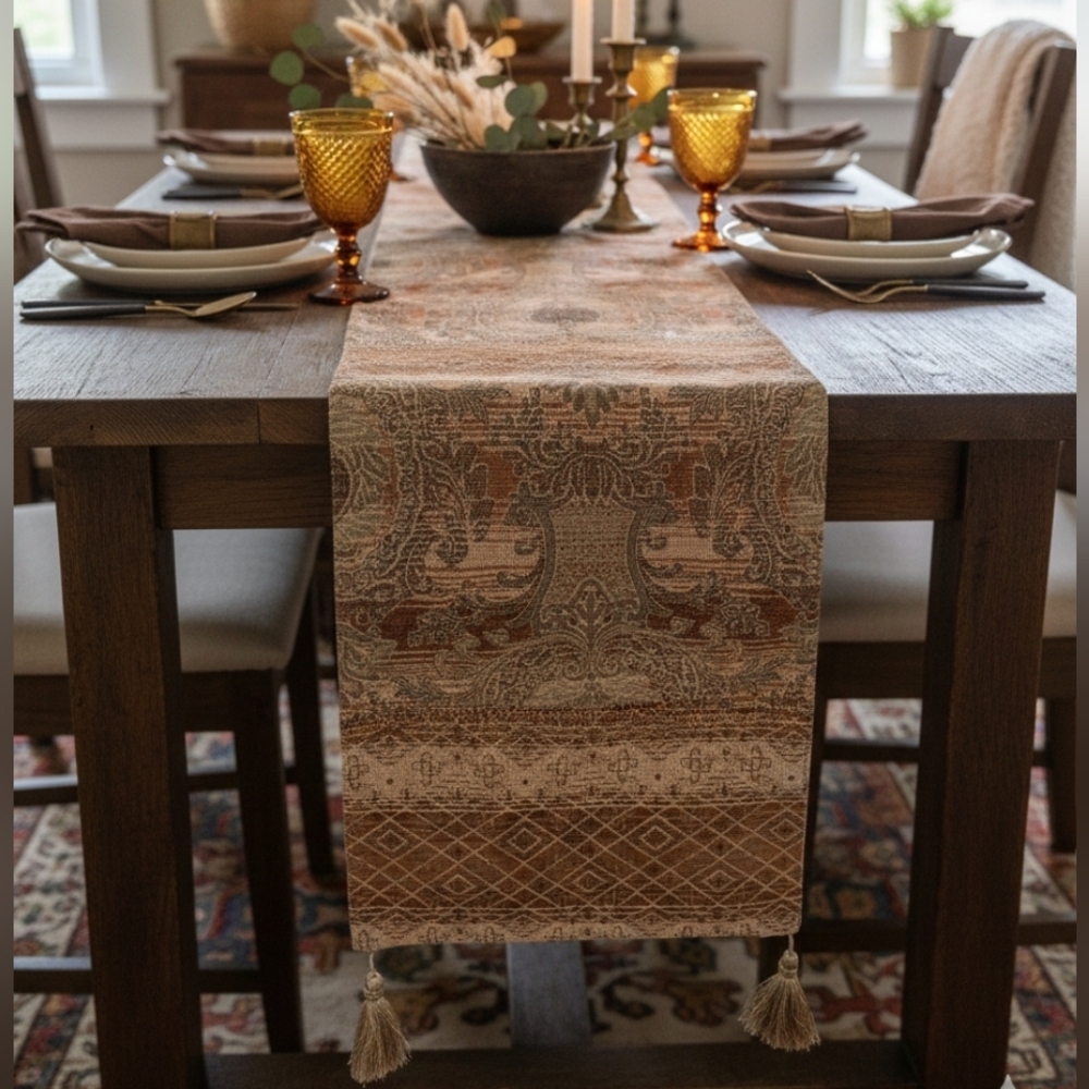 Vintage Tapestry Table Runner Paisley Geometric Pattern Tassels Earth Tones Boho